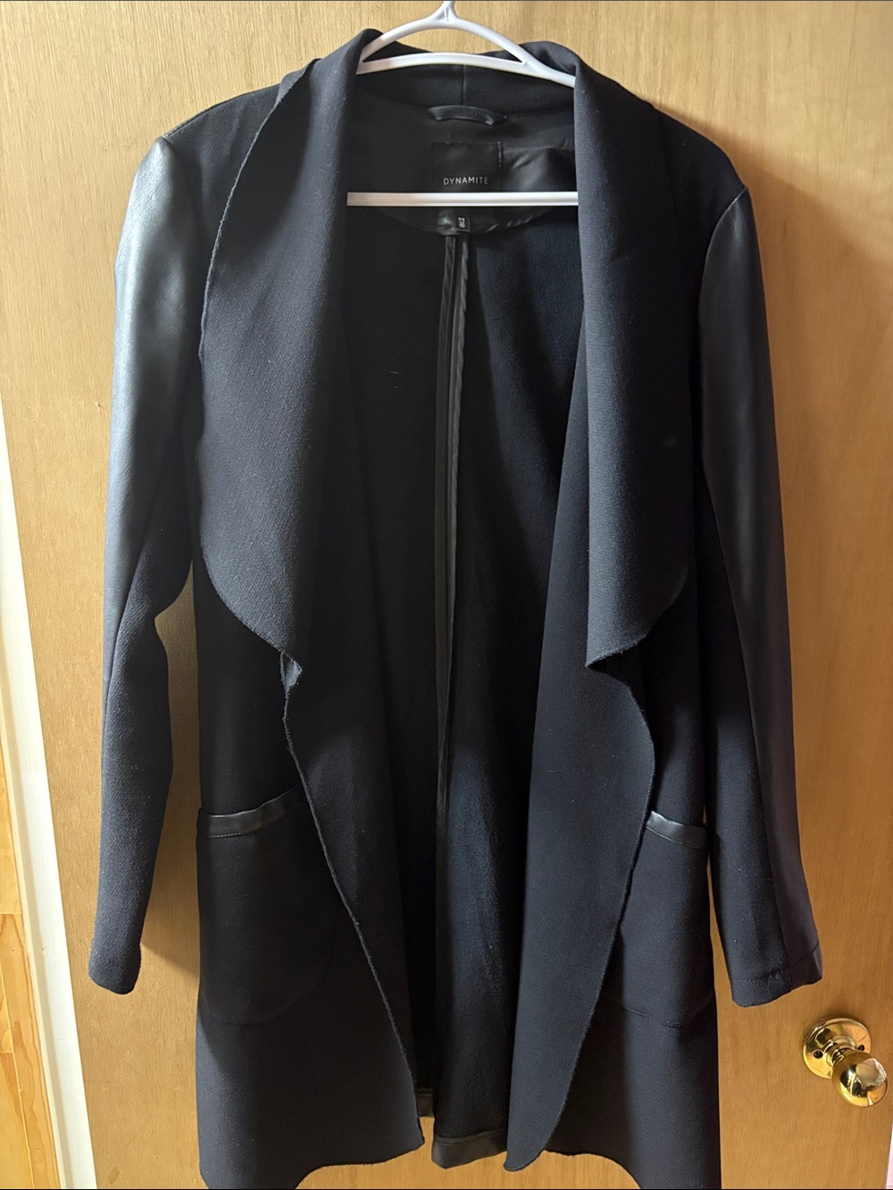 Dynamite Black Draped Open-Front Trench Coat with Faux Leather Sleeves